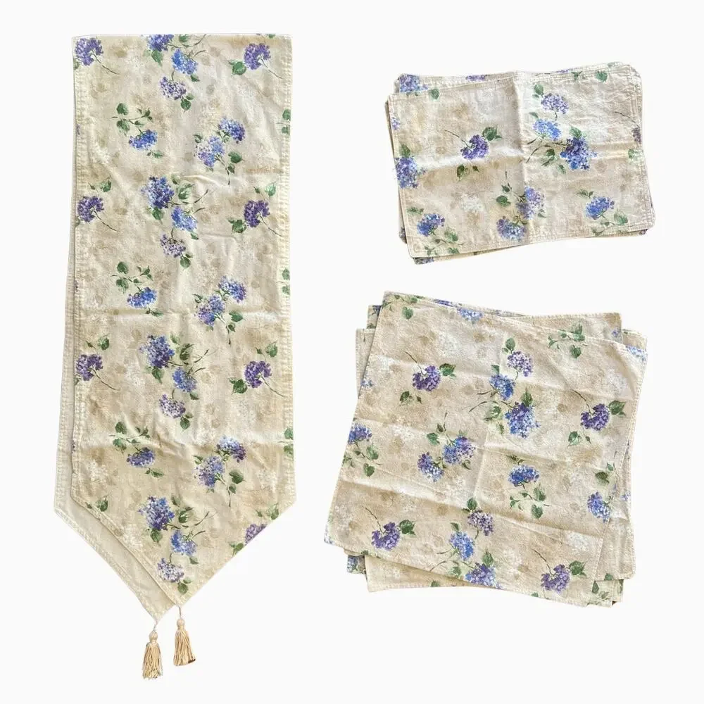 Vintage 90s Pier 1 Hydrangea Table Runner Set Placemats Napkins Floral Cotton